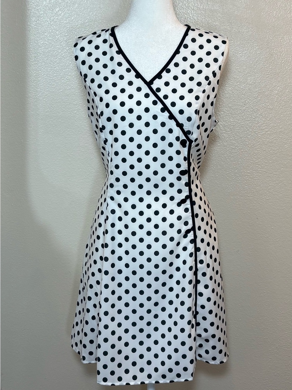 SHEIN White & Black Polka Dot Sleeveless Wrap Midi Dress - Picture 3 of 5